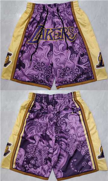 Men%27s Los Angeles Lakers Purple Yellow Shorts->nba shorts->NBA Jersey